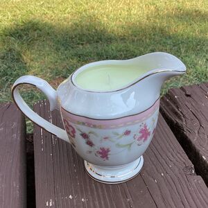 Vintage Inspired Floral Creamer Candle Jasmine Scent Repurposed Porcelain 7oz